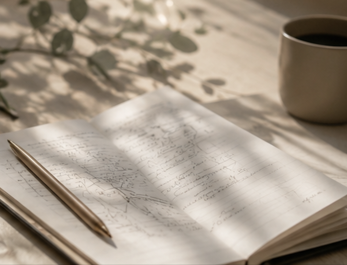 Journal with handwritten notes, pen, and coffee