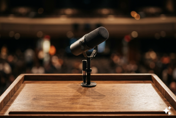 Microphone on a podium facing an audience